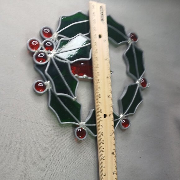 Holly Berries Candle Wreath Suncather Stained Glass Ornament 7 1/2" - Picture 6 of 7